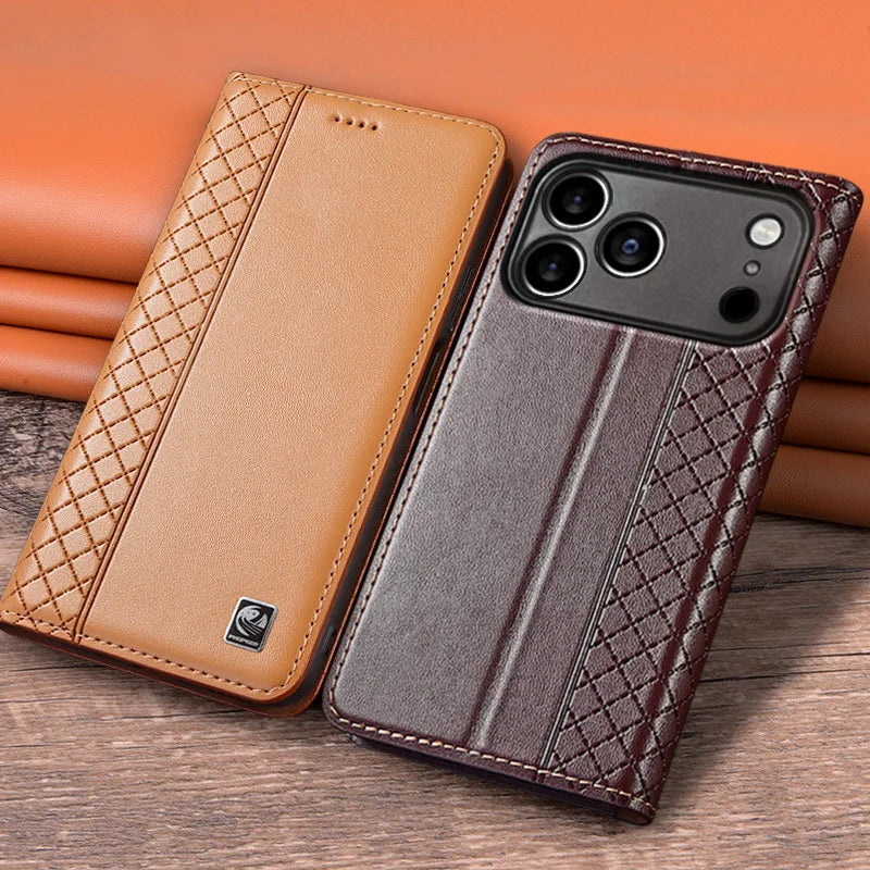 Flip Case For APPLE iPhone 17 17Pro Air Pro Max Genuine Leather Magnetic Cover Luxury Cowhide Grid Pattern Wallet Cases Covers