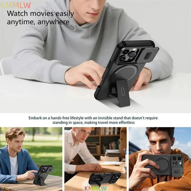 Lens Protect Camera Phone Case for iPhone 13 14 15 16 Pro Max 15Plus 16Plus 14Plus 16e 16 15 14 Pro 17 Magnetic Kickstand Cover