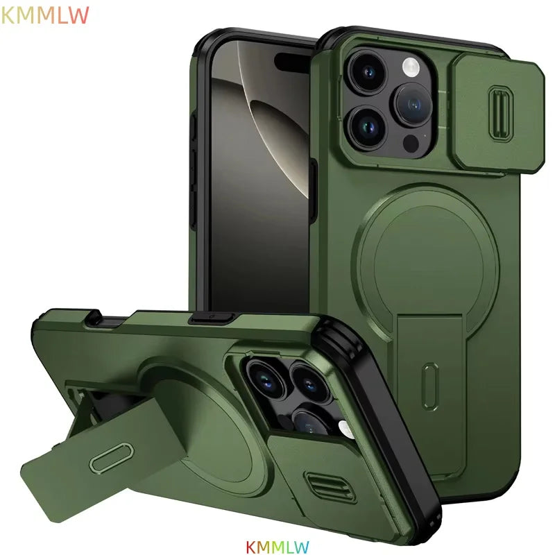 Lens Protect Camera Phone Case for iPhone 13 14 15 16 Pro Max 15Plus 16Plus 14Plus 16e 16 15 14 Pro 17 Magnetic Kickstand Cover