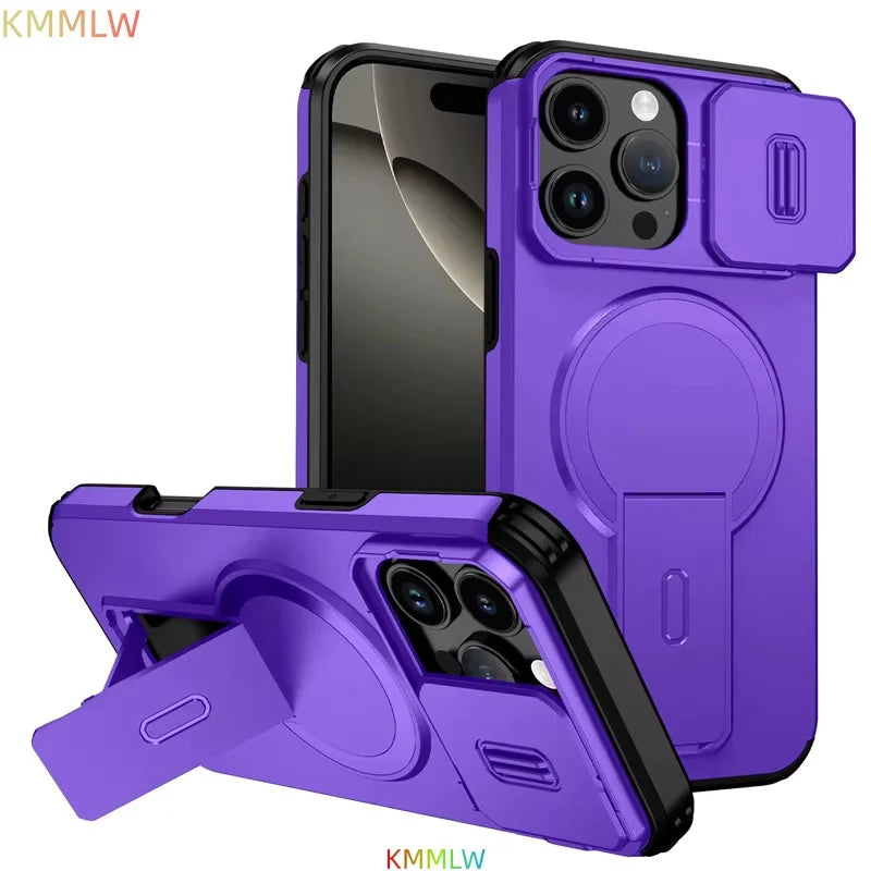 Lens Protect Camera Phone Case for iPhone 13 14 15 16 Pro Max 15Plus 16Plus 14Plus 16e 16 15 14 Pro 17 Magnetic Kickstand Cover