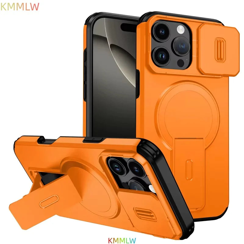 Lens Protect Camera Phone Case for iPhone 13 14 15 16 Pro Max 15Plus 16Plus 14Plus 16e 16 15 14 Pro 17 Magnetic Kickstand Cover