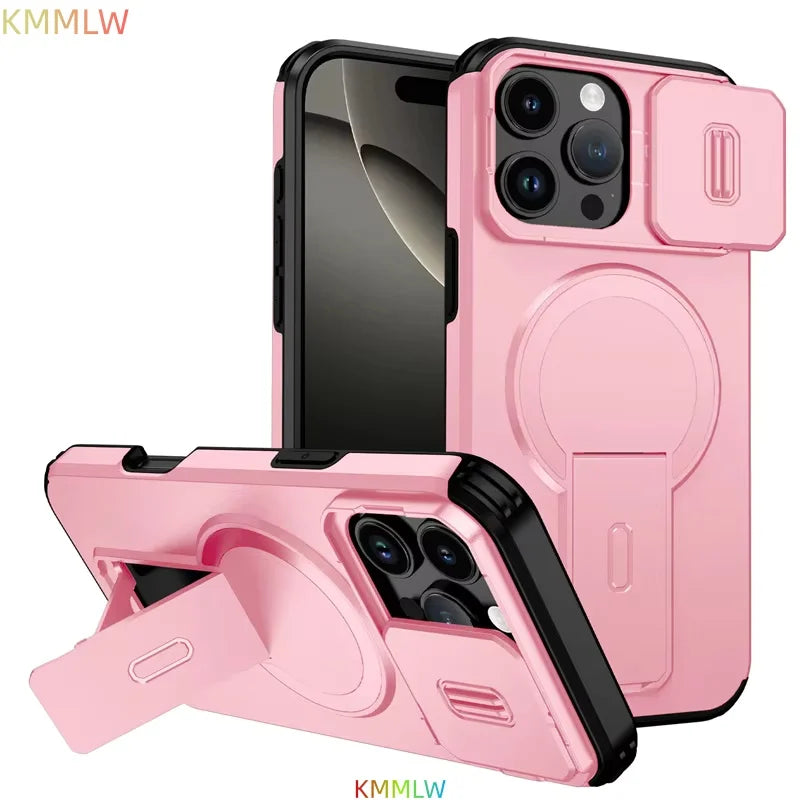 Lens Protect Camera Phone Case for iPhone 13 14 15 16 Pro Max 15Plus 16Plus 14Plus 16e 16 15 14 Pro 17 Magnetic Kickstand Cover