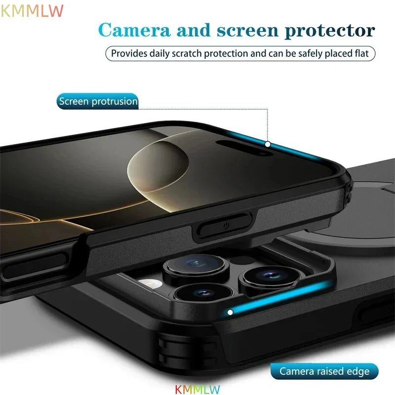 Lens Protect Camera Phone Case for iPhone 13 14 15 16 Pro Max 15Plus 16Plus 14Plus 16e 16 15 14 Pro 17 Magnetic Kickstand Cover