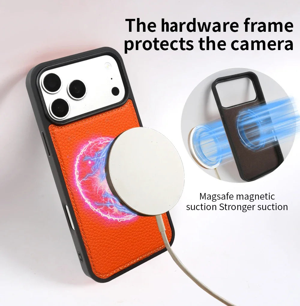 For Magsafe Lychee Genuine Leather Case For iphone 17 Pro Max 16 15 14 Air 17e 16e 11 12 13 Phone Case Magnetic Back Cover Coque
